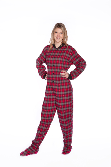 Red Grey Plaid Footed Onesie Pajamas With Small Hearts Big Feet